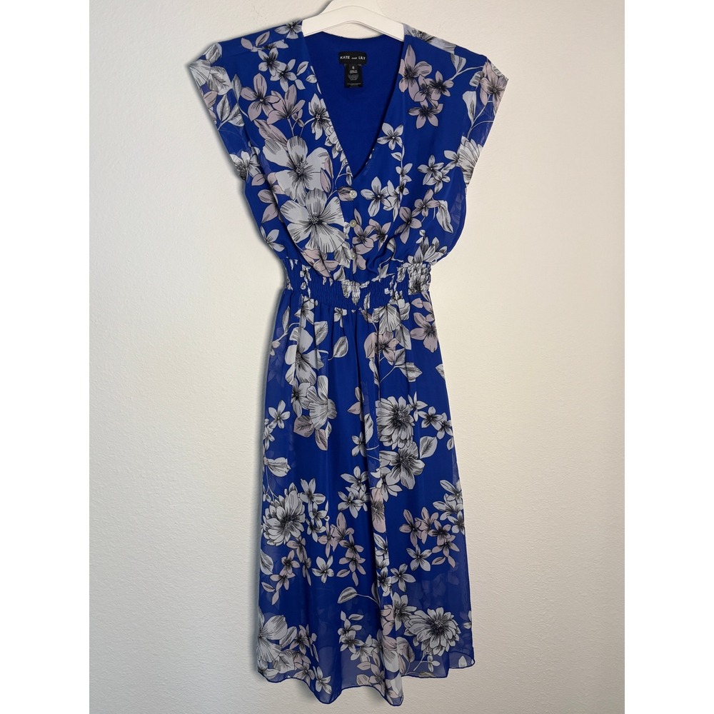 Kate and Lily Blue Floral V-Neck Smocked Waist High Low Midi Dress Size 6